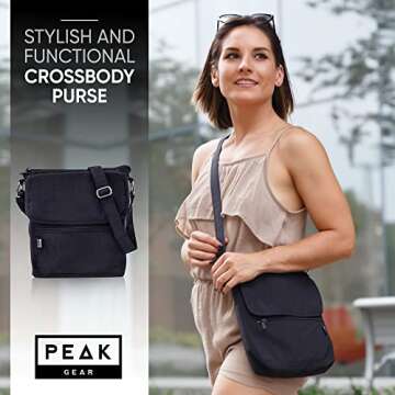 Peak Gear Crossbody Travel Purse with RFID Blocking Pocket and Lifetime Recovery Service. Versatile and Stylish Nylon Shoulder Bag | Black