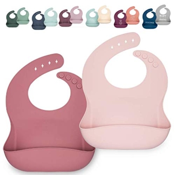 AVA + OLIVER Waterproof Silicone Bib Set with Adjustable Neck - Durable Silicone Bibs for Babies and Toddlers - Deep Food Catcher Pocket Bib for Mess-free Mealtimes - Set of 2 (Dusty Rose)