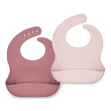 AVA + OLIVER Waterproof Silicone Bib Set with Adjustable Neck - Durable Silicone Bibs for Babies and Toddlers - Deep Food Catcher Pocket Bib for Mess-free Mealtimes - Set of 2 (Dusty Rose)