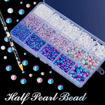 6100 Pieces Half Pearls ABS Round Pearls for Crafts Flatback Pearl Beads with Self Adhesive Resin Rhinestone Picker Pencil for DIY Nail Face Art, Mixed Sizes 3/4/5/6/8 mm (White, Gradient Color)
