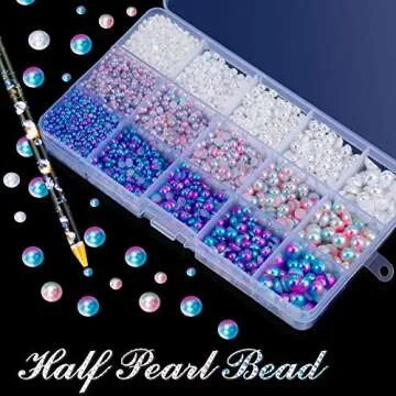 6100 Pieces Half Pearls ABS Round Pearls for Crafts Flatback Pearl Beads with Self Adhesive Resin Rhinestone Picker Pencil for DIY Nail Face Art, Mixed Sizes 3/4/5/6/8 mm (White, Gradient Color)