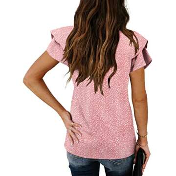PGANDS Women's Tops Boho Floral V Neck T Shirt Ruffle Short Sleeve Summer Business Loose Comfy Tee Blouses B- Pink