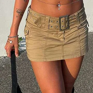 KMBANGI Low Waist Mini Skirt for Women Gothic Low Rise Skirts Cute Aesthetic Retro Y2k Short Denim Skirt Harajuku Grunge(L Slim Khaki,M)