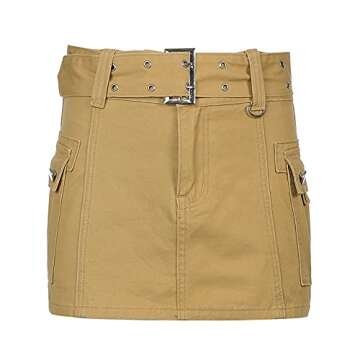 KMBANGI Low Waist Mini Skirt for Women Gothic Low Rise Skirts Cute Aesthetic Retro Y2k Short Denim Skirt Harajuku Grunge(L Slim Khaki,M)