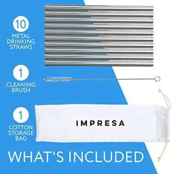 Impresa Stainless Steel Boba Straw Set - 10 Pack - Great for Bubble and Boba Tea, Smoothies, or Shakes - Extra Wide and Reusable Boba Straws - Includes Cotton Storage Bag and Cleaning Rod (8.5" Long)