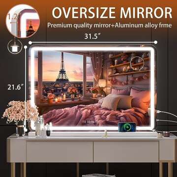 Hasipu Vanity Mirror with Lights and Bluetooth Speaker, 32" x 22" LED Makeup Mirror, Lighted Makeup Mirror with Dimmable 3 Modes, USB Charging Port, Round White