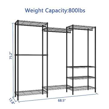 Serxis Portable Closet Heavy Duty Clothes Rack, Freestanding Clothing Rack, Metal Garment Rack,Adjustable Custom Closet Rack, 68.5" L x 13.8" W x 75.2" H, Max Load 800LBS, Medium(Black)