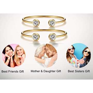 “You & Me” Inspirational Open Cuff Bangle Bracelets Set – Cubic Zirconia Charm Adjustable Stackable Bangles Gift for Best Friends, Sisters and Mother & Daughter (2 pcs yellow gold bracelets set)