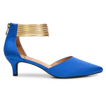 Trary Women's Blue Silky Ankle Strap Pumps Closed Toe Heels for Women Kitten Wedding Dress Shoes Siz...