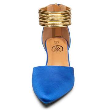 Trary Women's Blue Silky Ankle Strap Pumps Closed Toe Heels for Women Kitten Wedding Dress Shoes Size 7.5