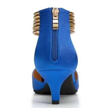 Trary Women's Blue Silky Ankle Strap Pumps Closed Toe Heels for Women Kitten Wedding Dress Shoes Size 7.5