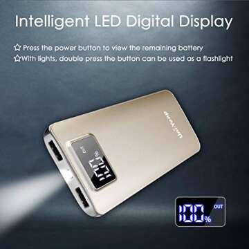 Uni-Yeap 11000mAh Battery Charger Power Bank with High Speed and Flashlight with LCD Screen Compatible for iPhone 11 Xs Xr X 8 7 6s 6 iPad Samsung Galaxy and All Smart Phone (Gold)
