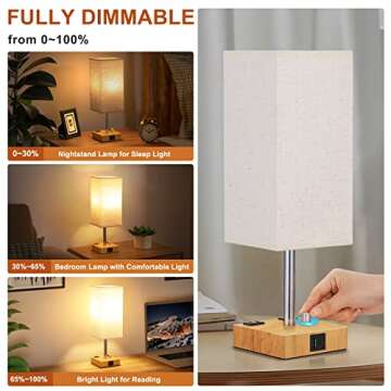 aooshine Fully Dimmable Table Lamp with Solid Wood Bedside Lamp with with Bulb, USB C+A Ports and Dual AC Outlets, Bedroom, Nightstand Light Small for Living Room(Beige)