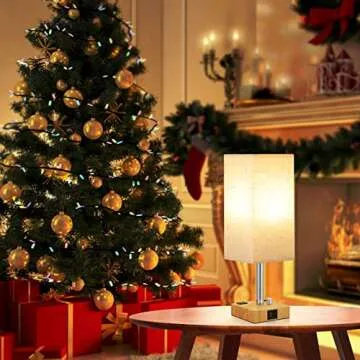 aooshine Fully Dimmable Table Lamp with Solid Wood Bedside Lamp with with Bulb, USB C+A Ports and Dual AC Outlets, Bedroom, Nightstand Light Small for Living Room(Beige)