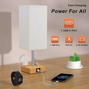 aooshine Fully Dimmable Table Lamp with Solid Wood Bedside Lamp with with Bulb, USB C+A Ports and Dual AC Outlets, Bedroom, Nightstand Light Small for Living Room(Beige)
