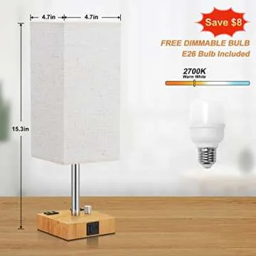 aooshine Fully Dimmable Table Lamp with Solid Wood Bedside Lamp with with Bulb, USB C+A Ports and Dual AC Outlets, Bedroom, Nightstand Light Small for Living Room(Beige)
