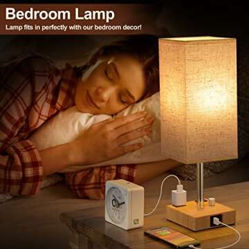 aooshine Fully Dimmable Table Lamp with Solid Wood Bedside Lamp with with Bulb, USB C+A Ports and Dual AC Outlets, Bedroom, Nightstand Light Small for Living Room(Beige)