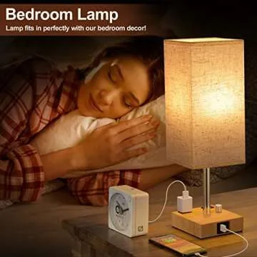 aooshine Fully Dimmable Table Lamp with Solid Wood Bedside Lamp with with Bulb, USB C+A Ports and Dual AC Outlets, Bedroom, Nightstand Light Small for Living Room(Beige)