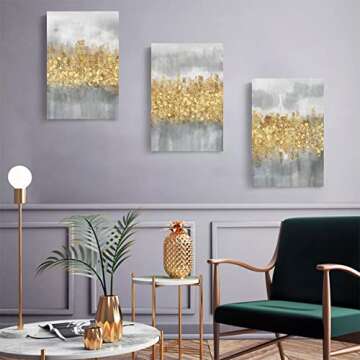 Modern Abstract Wall Art Grey and Gold Yellow Room Decor 3 Pcs Neutral Canvas Print with Light Industrial Style Artwork Pictures for Office Home Living Room Bedroom Men Gift 16"x 24"