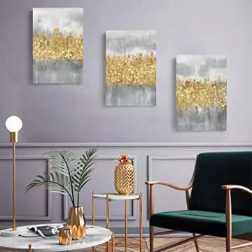 Modern Abstract Wall Art Grey and Gold Yellow Room Decor 3 Pcs Neutral Canvas Print with Light Industrial Style Artwork Pictures for Office Home Living Room Bedroom Men Gift 16"x 24"