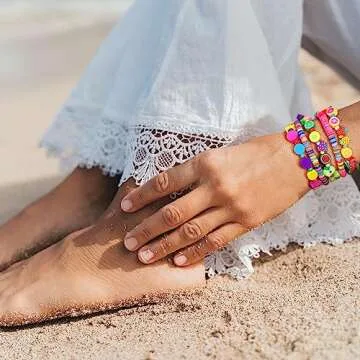 CONRAN KREMIX Colorful Beaded Stackable Bracelets Set For Women SummerHeishi Stretch Bracelet Surfer Rainbow Smiley Face Bracelet Beach Accessories Y2k Jewelry