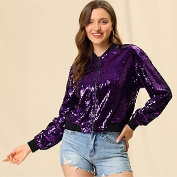Allegra K Women's Sequin Bomber Jacket for Parties