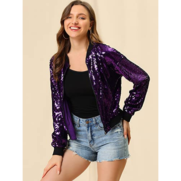 Allegra K Women's Sequin Bomber Jacket for Parties