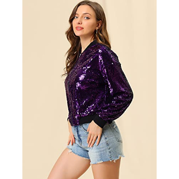Allegra K Women's Sequin Bomber Jacket for Parties