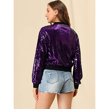 Allegra K Women's Sequin Bomber Jacket for Parties