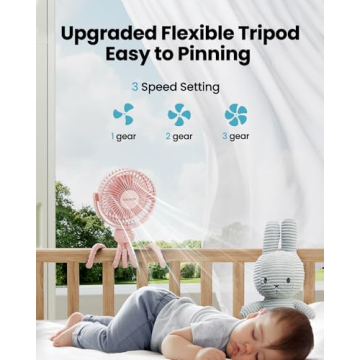 Gaiatop Mini Portable Stroller Fan, Battery Operated Small Clip on Fan, Detachable 3 Speed Rechargeable 360° Rotate Flexible Tripod Handheld Desk Cooling Fan for Car Seat Crib Treadmill Travel Pink