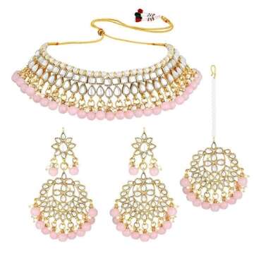 Aheli Beaded Necklace Earrings Maang Tikka Indian Bollywood Ethnic Jewelry Set Gift for Women