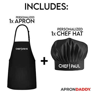 APRON DADDY Personalized Apron and Chef Hat Set - Adjustable 1 Size Fits up to 3XL - Custom Add A Na...