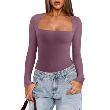 REORIA Womens Sexy Long Sleeve Square Neck Lightweight Double Lined Basic Layering Slim Soft Leotard...