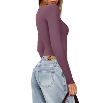 REORIA Womens Sexy Long Sleeve Square Neck Lightweight Double Lined Basic Layering Slim Soft Leotards Shirts Fall Going Out Bodysuit Tops Masala Small