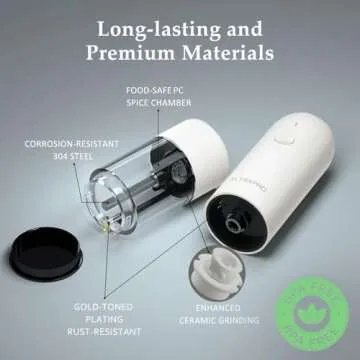 Electric Salt and Pepper Grinder Set, USB Rechargeable, Automatic Salt and Pepper Mill Grinder with Adjustable Coarseness, Electric Salt Shakers, LED Light, Refillable (2 Packs, White)