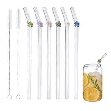 KIGOTWIN Colorful Flower Glass Straws Set for Drinks