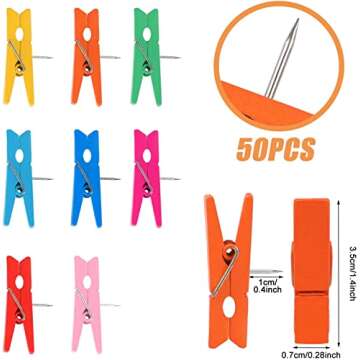 50 PCS Colorful Push Pin with Wooden Clips, Durable, Decorative Pushpins Tacks Thumbtacks for Cork Board Artworks Notes Photos, Craft Projects, Offices and Homes (8 Colors)