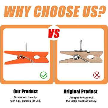 50 PCS Colorful Push Pin with Wooden Clips, Durable, Decorative Pushpins Tacks Thumbtacks for Cork Board Artworks Notes Photos, Craft Projects, Offices and Homes (8 Colors)