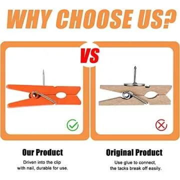 50 Colorful Push Pins with Wooden Clips for Displaying Art