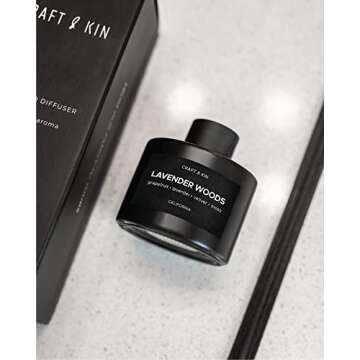 Craft & Kin Lavender Reed Diffuser | All Natural Essential Oil & Rattan Scent Sticks | Reed Diffusers for Home, Bathroom | Long Lasting Home Fragrance in Green Glass, 3.4oz