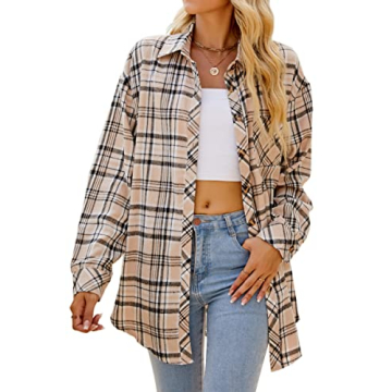 CHYRII Women's Button Down Flannel Shirt - Long Sleeve Plaid Shacket