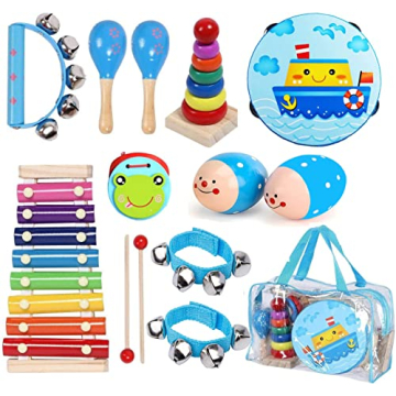 Kids Musical Instruments Sets, 12pcs Wooden Percussion Instruments Toys Tambourine Xylophone for Kid...