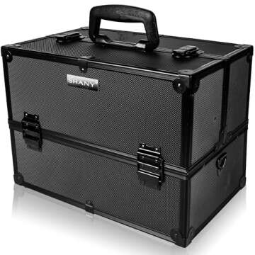 SHANY Essential Pro Makeup Train Case Cosmetic Box Portable Makeup Case Cosmetics Beauty Organizer Jewelry storage with Locks, Multi Compartments Makeup Box and Shoulder Strap - All Black