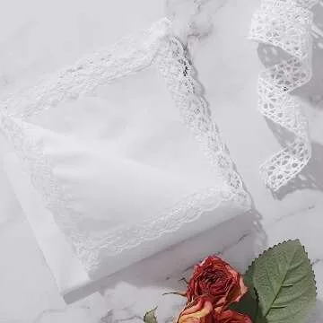 PACGOTH Women’s Handkerchiefs 100% Cotton, Ladies Embroidery Handkerchiefs, Dainty Lace Weddings Hanky Gift for Her 25 * 25cm (White Lace - 6pcs)