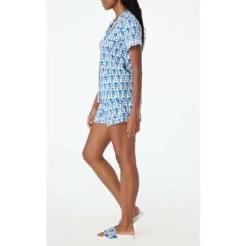 Y2k 2 Piece Pajamas Set for Women Bunny Monkey Print Two-piece Pj Sets Short Sleeve Sleepwear Loungewear Pjs (Monkey Blue, S)