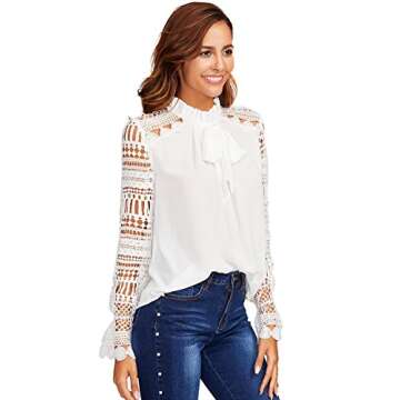 Floerns Women's Bow Tie Ruffle Mock Neck Lace Long Sleeve Blouse Tops White S