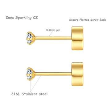 FOSIR 8 Pairs 2mm Tiny Flat Back Earrings for Women Men 14K Gold Plated Surgical Stainless Steel Stud Earrings Cubic Zirconia Cartilage Earring Hypoallergenic (Gold, 2mm CZ)