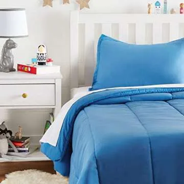 Amazon Basics Easy-Wash Microfiber Kid's Comforter and Pillow Sham Set - Twin, Azure Blue