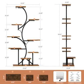 BACEKOLL Plant Stand Indoor with Grow Lights, 9 Tiered Indoor Plant Shelf, 54.6" Tall Plant Stands for Indoor Plants, Corner Plant Shelves Flower Holder, S-Shaped Plant Rack for Living Room, Black