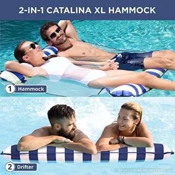 Aqua 2-in-1 Catalina XL Pool Float & Water Hammock – 1-2 Person, Multi-Purpose Inflatable Pool Floats for Adults – Patented Thick, Non-Stick PVC Material – Navy/White Stripe